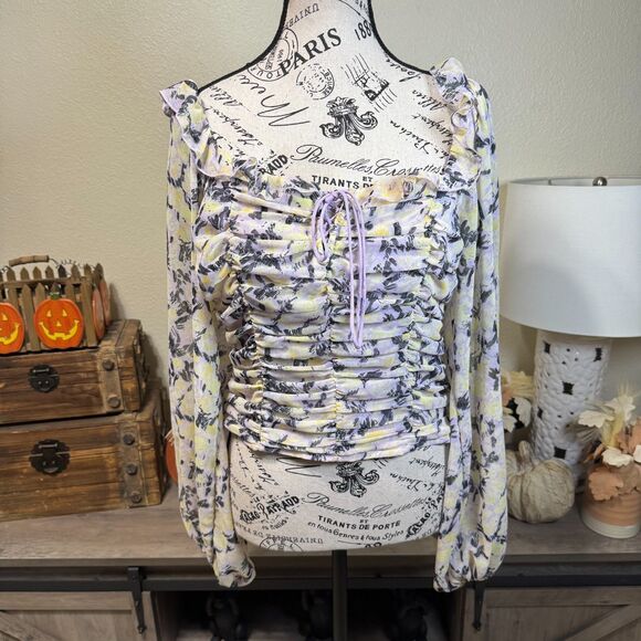 Free People Mabel Floral Tie Blouse Lilac Balloon Sleeve Sz S Boho Cottage - Picture 2 of 10